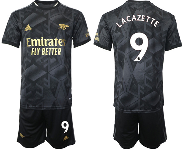 Men's Arsenal F.C #9 Lacazette 2023 Black Away Soccer Jersey Suit